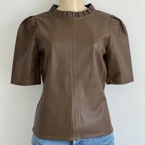 Ann Taylor Brown Faux Leather Ruffle Neck Puff Sleeve Top Blouse Medium